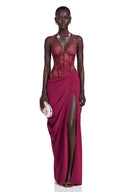 Josefina Red Halterneck Maxi Dress with Lace Panels