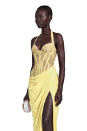 Josefina Yellow Halterneck Maxi Dress with Lace Panels