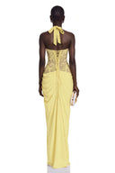 Josefina Yellow Halterneck Maxi Dress with Lace Panels