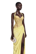 Josefina Yellow Halterneck Maxi Dress with Lace Panels