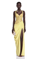 Josefina Yellow Halterneck Maxi Dress with Lace Panels