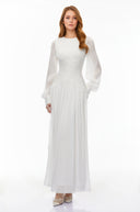 Allegra White High Neck Glossy Ruched Maxi Dress