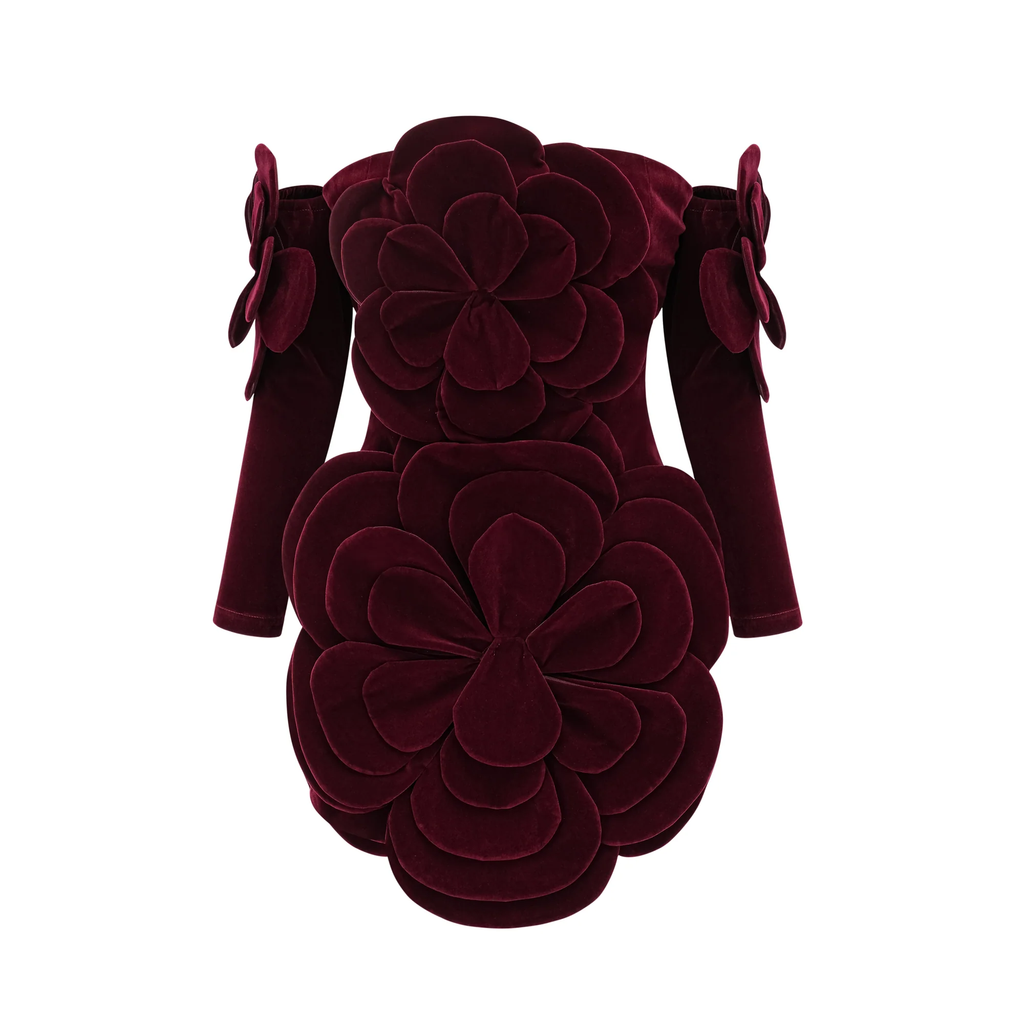 Rhea Burgundy Velvet Rosette Mini Dress