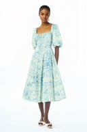 Theodora Blue Pattern Print Pleated Midi Dress