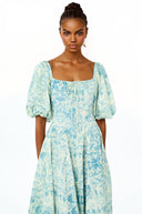 Theodora Blue Pattern Print Pleated Midi Dress