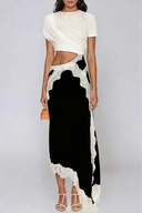 Prudence Asymmetric Lace Satin Maxi Dress In Black