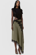 Prudence Asymmetric Lace Satin Maxi Dress In Green