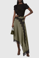 Prudence Asymmetric Lace Satin Maxi Dress In Green