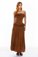 Núria Brown Ruched Maxi Dress with Braid Detail