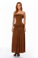 Núria Brown Ruched Maxi Dress with Braid Detail