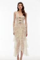 Bardot Cream Layered Floral Lace Maxi Dress with Bow