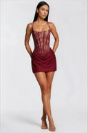 Oriol Red Ruched Mini Dress with Lace Panels