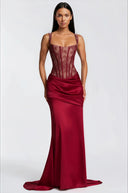 Oriol Red Lace Top & Ruched Skirt Set