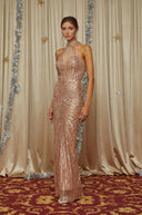 Sloane Rose Gold Halterneck Embellished Maxi Dress