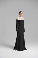 Cavella Black Floral Appliqué Off-Shoulder Gown