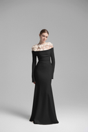 Cavella Black Floral Appliqué Off-Shoulder Gown