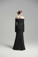 Cavella Black Floral Appliqué Off-Shoulder Gown