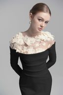 Cavella Black Floral Appliqué Off-Shoulder Gown