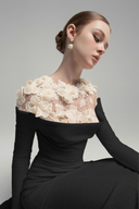 Cavella Black Floral Appliqué Off-Shoulder Gown