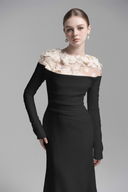 Cavella Black Floral Appliqué Off-Shoulder Gown