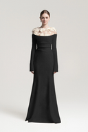 Cavella Black Floral Appliqué Off-Shoulder Gown