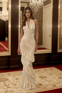 Auréline Cream White Halterneck Shirred Maxi Dress