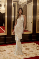 Auréline Cream White Halterneck Shirred Maxi Dress