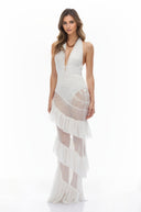 Raffaella White Halterneck Ruched Sheer Maxi Dress