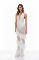 Raffaella White Halterneck Ruched Sheer Maxi Dress