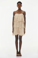 Viola Beige Tiered Mini Dress with Lace Trim