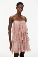 Viola Pink Tiered Mini Dress with Lace Trim