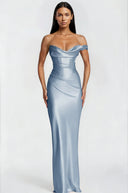 Eleanor Blue One Shoulder Satin Maxi Dress