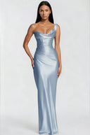 Eleanor Blue One Shoulder Satin Maxi Dress