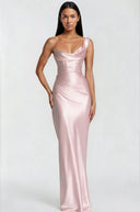 Eleanor Pink One Shoulder Satin Maxi Dress