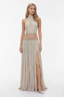 Angélique Almond Grey Embellished Ruched Maxi Dress