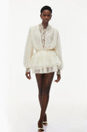 Sylviane White Lace Trim Blouse & Tiered Skirt Set