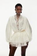 Sylviane White Lace Trim Blouse & Tiered Skirt Set