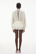 Sylviane White Lace Trim Blouse & Tiered Skirt Set