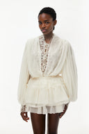 Sylviane White Lace Trim Blouse & Tiered Skirt Set