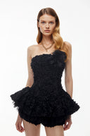 Quintina Black Off Shoulder Mini Dress with 3D Florals