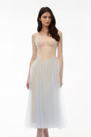 Gladys Dusty Blue Pleated Mesh Midi Dress