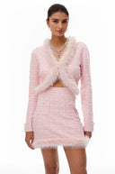 Ásta Pink Fur Trim Knit Cardigan & Skirt Set