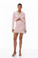 Ásta Pink Fur Trim Knit Cardigan & Skirt Set