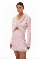Ásta Pink Fur Trim Knit Cardigan & Skirt Set