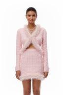 Ásta Pink Fur Trim Knit Cardigan & Skirt Set