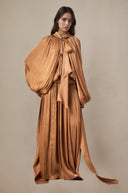 Sienna Rae Satin Pleat Maxi Dress in Brown