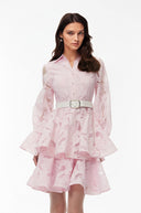 Larisa Blush Pink Puff Sleeve Tiered Lace Mini Dress