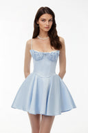 Sigrid Baby Blue Ruched Mini Dress with Lace Panels