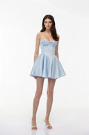 Sigrid Baby Blue Ruched Mini Dress with Lace Panels