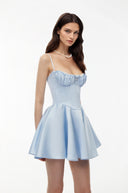 Sigrid Baby Blue Ruched Mini Dress with Lace Panels